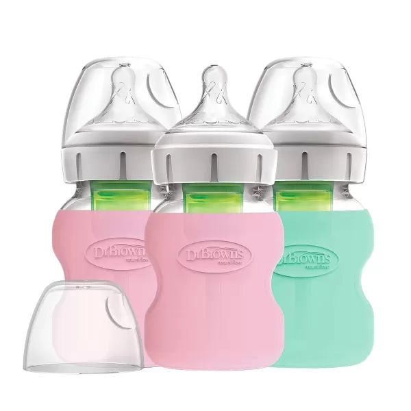 Dr. Brown's Natural Flow Options+ Glass Baby Bottle Sleeves,100% Silicone,5 oz,Wide-Neck,Glow in the Dark