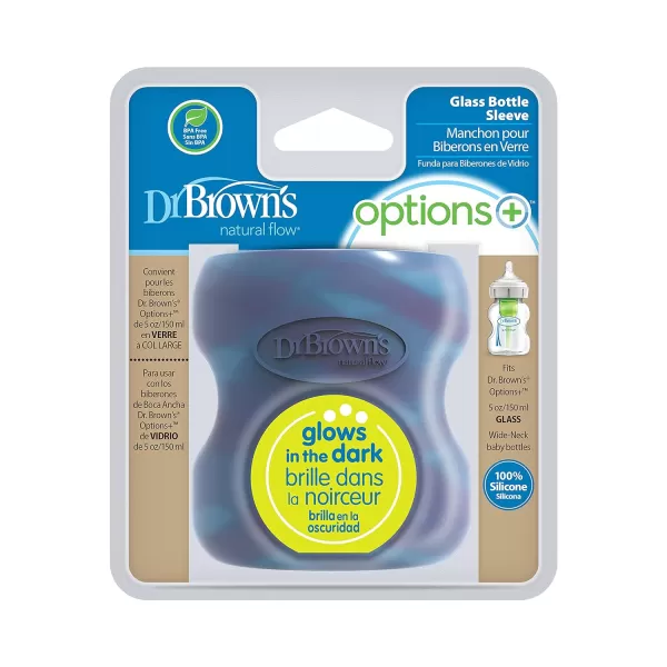 Dr. Brown's Natural Flow Options+ Glass Baby Bottle Sleeves,100% Silicone,5 oz,Wide-Neck,Glow in the Dark