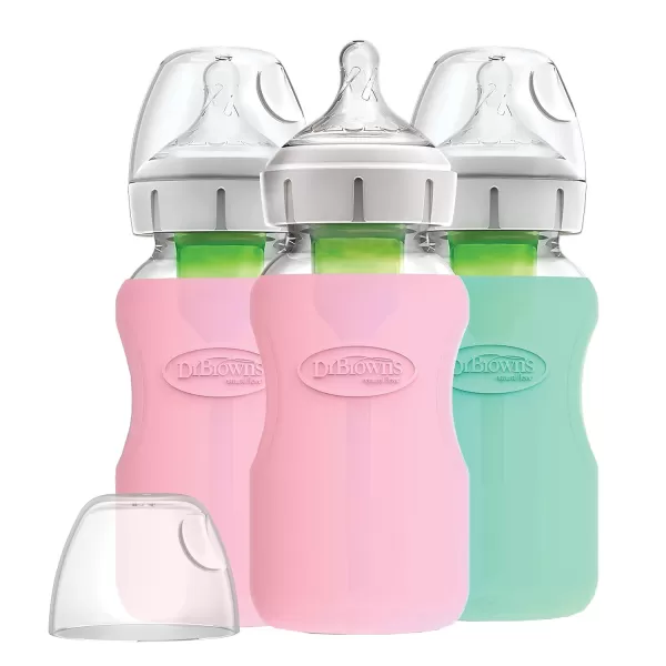 Dr. Brown's Natural Flow Options+ Glass Baby Bottle Sleeves,100% Silicone,5 oz,Wide-Neck,Glow in the Dark