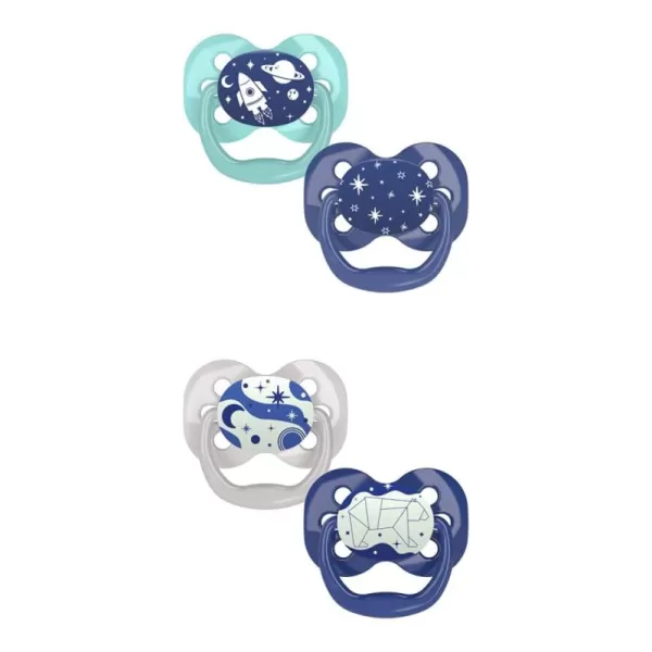 Dr. Brown's Advantage Glow-in-the-Dark Pacifier, 100% Silicone Baby Paci Symmetrical Soother, 0-6m, BPA free, Blue, 4 Pack