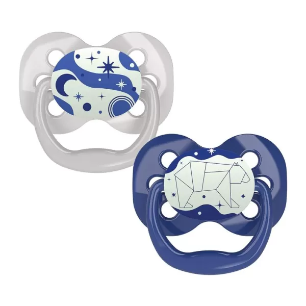 Dr. Brown's Advantage Glow-in-the-Dark Pacifier, 100% Silicone Baby Paci Symmetrical Soother, 0-6m, BPA free, Blue, 4 Pack