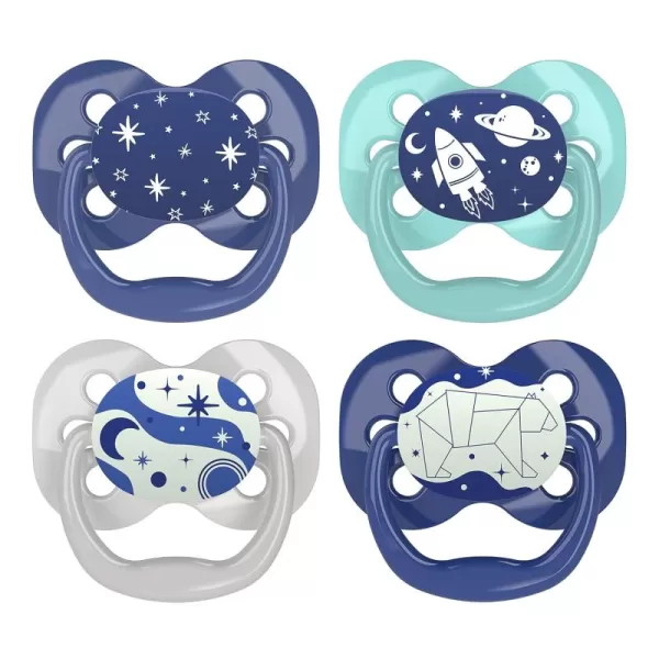 Dr. Brown's Advantage Glow-in-the-Dark Pacifier, 100% Silicone Baby Paci Symmetrical Soother, 0-6m, BPA free, Blue, 4 Pack