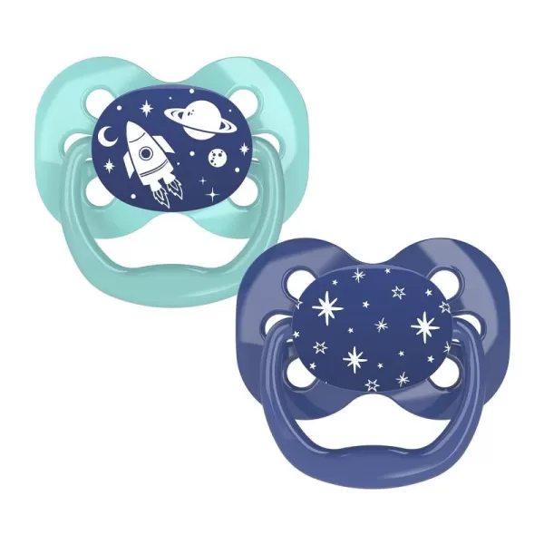 Dr. Brown's Advantage Glow-in-the-Dark Pacifier, 100% Silicone Baby Paci Symmetrical Soother, 0-6m, BPA free, Blue, 4 Pack