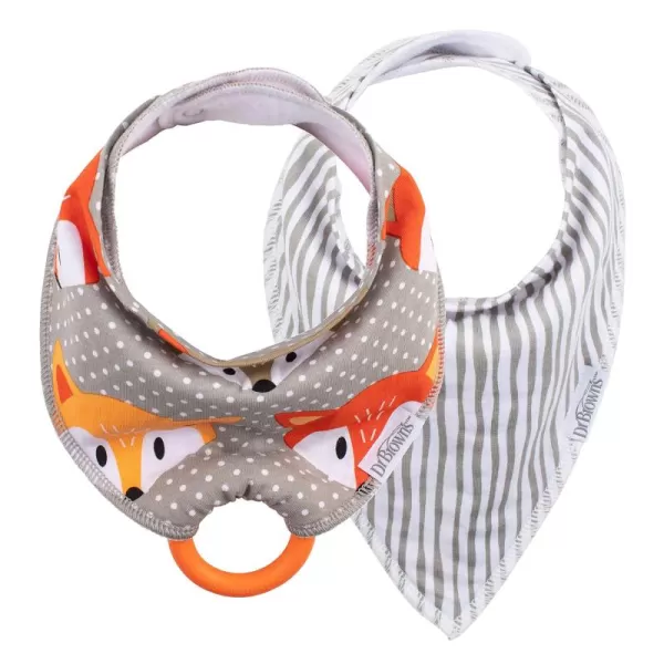 Dr. Brown’s Bandana Bib with Snap-On Removable Teether, Cotton Baby Bib with Soft Fleece Lining for Teething &amp; Drooling, 3m+, 2-Pack, Bees &amp; Gray Honeycomb