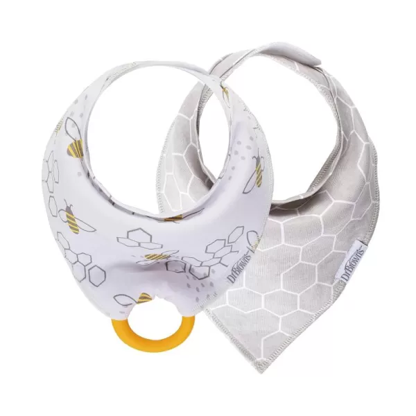 Dr. Brown’s Bandana Bib with Snap-On Removable Teether, Cotton Baby Bib with Soft Fleece Lining for Teething &amp; Drooling, 3m+, 2-Pack, Bees &amp; Gray Honeycomb