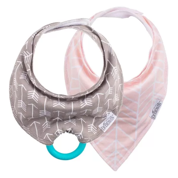 Dr. Brown’s Bandana Bib with Snap-On Removable Teether, Cotton Baby Bib with Soft Fleece Lining for Teething &amp; Drooling, 3m+, 2-Pack, Bees &amp; Gray Honeycomb