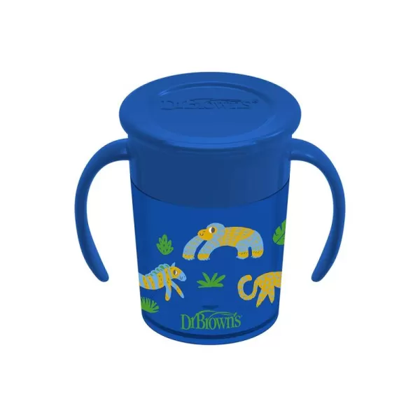 Dr. Brown’s Milestones Cheers 360 Cup Spoutless Transition Cup with Handles for Easy Grip and Leak-Free Learning, Blue Safari, 7 oz/200 mL