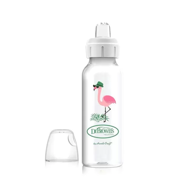 Dr. Brown's Milestones Narrow Sippy Bottle, 100% Silicone Soft Sippy Spout, 8oz/250mL, Flamingo, 6m+