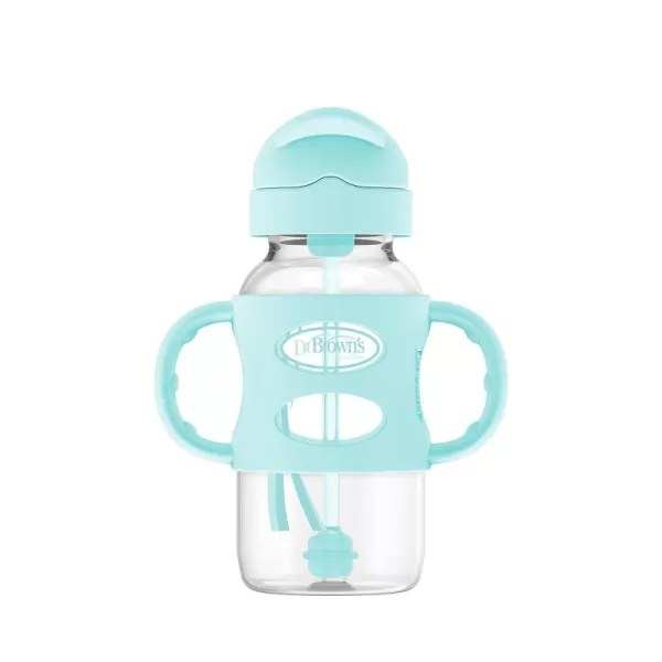 Dr. Brown's Milestones Wide-Neck Sippy Straw Bottle with 100% Silicone Handles and Weighted Straw, 9 oz/270 mL, Blue, 6m+