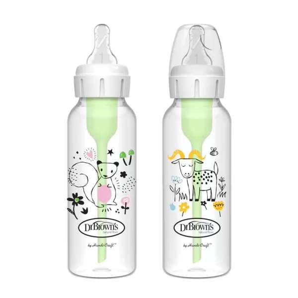 Dr. Brown's Natural Flow Anti-Colic Options+ Narrow Baby Bottle, Squirrel &amp; Goat, 8 oz/250 mL, with Level 1 Slow Flow Nipple, BPA Free, 0m+, 2-Pack