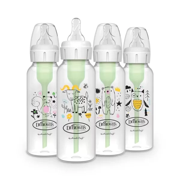 Dr. Brown's Natural Flow Anti-Colic Options+ Narrow Baby Bottle, Squirrel &amp; Goat, 8 oz/250 mL, with Level 1 Slow Flow Nipple, BPA Free, 0m+, 2-Pack