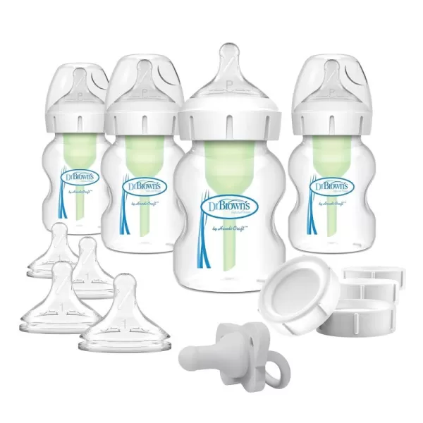 Dr. Brown's Natural Flow Anti-Colic Options+ Wide-Neck Baby Bottle Newborn Feeding Set with Baby Bottle Travel Caps