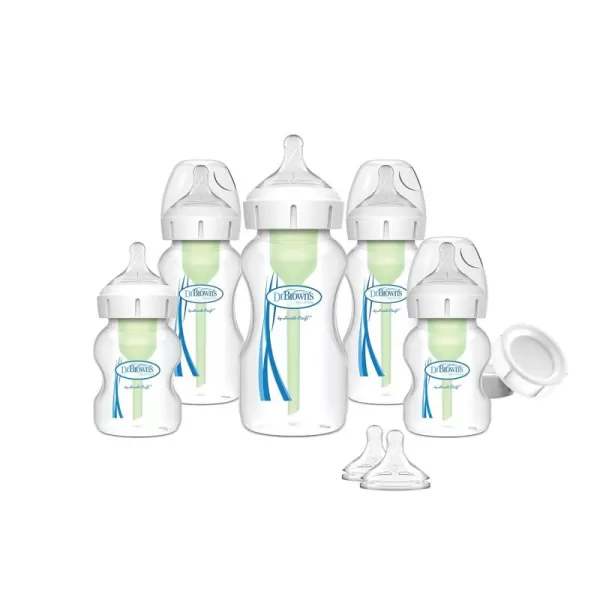 Dr. Brown's Natural Flow Anti-Colic Options+ Wide-Neck Baby Bottle Newborn Feeding Set with Baby Bottle Travel Caps