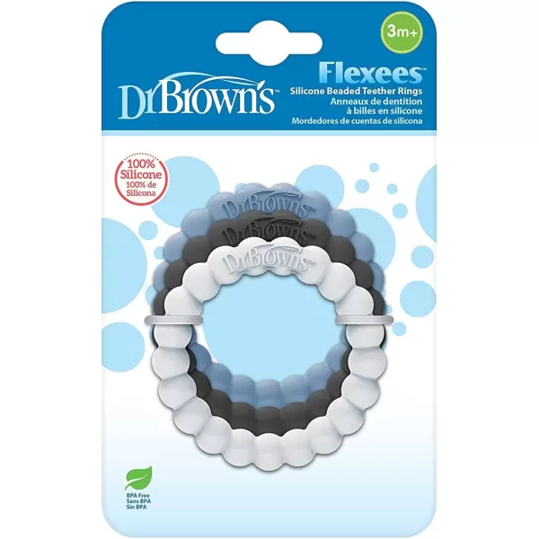 Dr. Brown’s Flexees Beaded Teether Rings and Bunny, 100% Silicone, Soft &amp; Easy to Hold, Encourages Self-Soothe, 4-Pack, Pink, White, Gray, BPA Free, 3m+