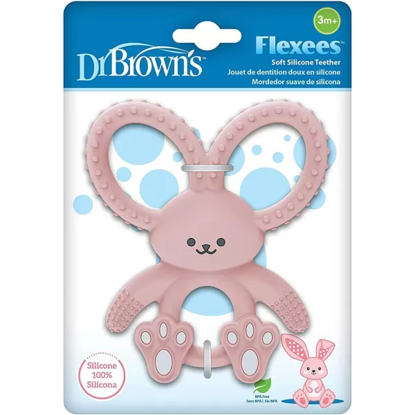 Dr. Brown’s Flexees Beaded Teether Rings and Bunny, 100% Silicone, Soft &amp; Easy to Hold, Encourages Self-Soothe, 4-Pack, Pink, White, Gray, BPA Free, 3m+