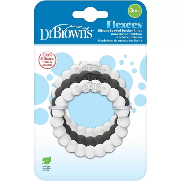 Dr. Brown’s Flexees Beaded Teether Rings and Bunny, 100% Silicone, Soft &amp; Easy to Hold, Encourages Self-Soothe, 4-Pack, Pink, White, Gray, BPA Free, 3m+