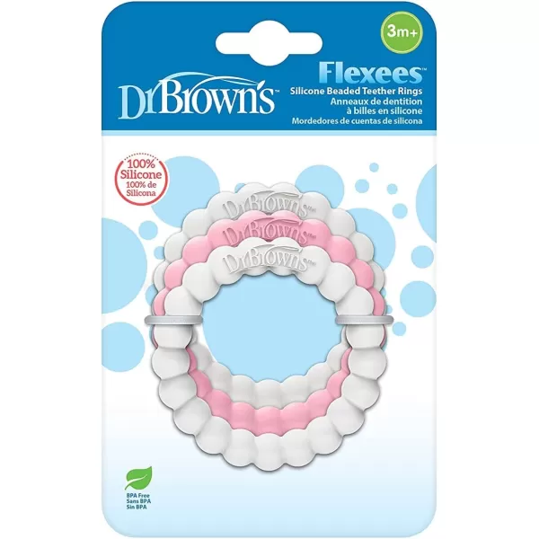 Dr. Brown’s Flexees Beaded Teether Rings and Bunny, 100% Silicone, Soft &amp; Easy to Hold, Encourages Self-Soothe, 4-Pack, Pink, White, Gray, BPA Free, 3m+