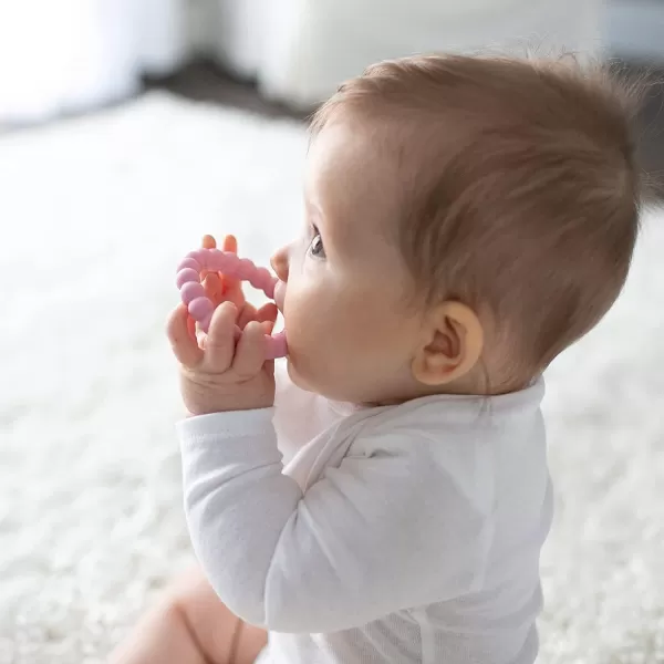 Dr. Brown’s Flexees Beaded Teether Rings and Bunny, 100% Silicone, Soft &amp; Easy to Hold, Encourages Self-Soothe, 4-Pack, Pink, White, Gray, BPA Free, 3m+