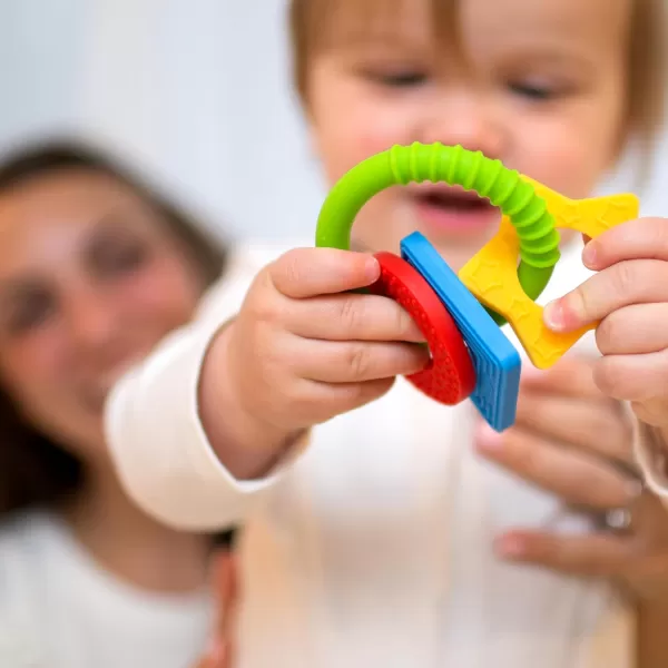 Dr. Brown’s Flexees Beaded Teether Rings and Bunny Teether, 100% Silicone, Soft &amp; Easy to Hold, Encourages Self-Soothe, 4-Pack, Blue, Light Blue, Black, BPA Free, 3m+