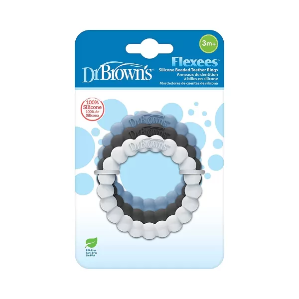 Dr. Brown’s Flexees Beaded Teether Rings and Bunny Teether, 100% Silicone, Soft &amp; Easy to Hold, Encourages Self-Soothe, 4-Pack, Blue, Light Blue, Black, BPA Free, 3m+