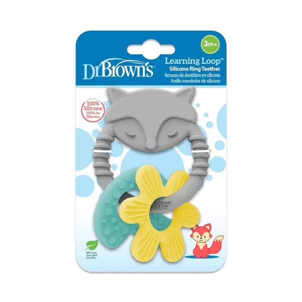 Dr. Brown’s Flexees Beaded Teether Rings and Bunny Teether, 100% Silicone, Soft &amp; Easy to Hold, Encourages Self-Soothe, 4-Pack, Blue, Light Blue, Black, BPA Free, 3m+