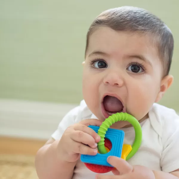 Dr. Brown’s Flexees Beaded Teether Rings and Bunny Teether, 100% Silicone, Soft &amp; Easy to Hold, Encourages Self-Soothe, 4-Pack, Blue, Light Blue, Black, BPA Free, 3m+