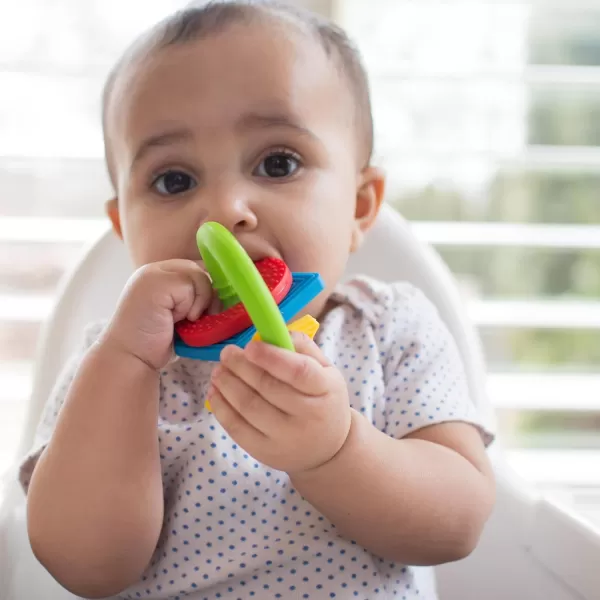 Dr. Brown’s Flexees Beaded Teether Rings and Bunny Teether, 100% Silicone, Soft &amp; Easy to Hold, Encourages Self-Soothe, 4-Pack, Blue, Light Blue, Black, BPA Free, 3m+