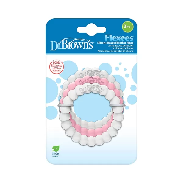 Dr. Brown’s Flexees Beaded Teether Rings and Bunny Teether, 100% Silicone, Soft &amp; Easy to Hold, Encourages Self-Soothe, 4-Pack, Blue, Light Blue, Black, BPA Free, 3m+