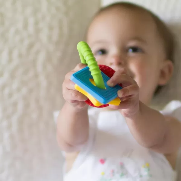 Dr. Brown’s Flexees Beaded Teether Rings and Bunny Teether, 100% Silicone, Soft &amp; Easy to Hold, Encourages Self-Soothe, 4-Pack, Blue, Light Blue, Black, BPA Free, 3m+