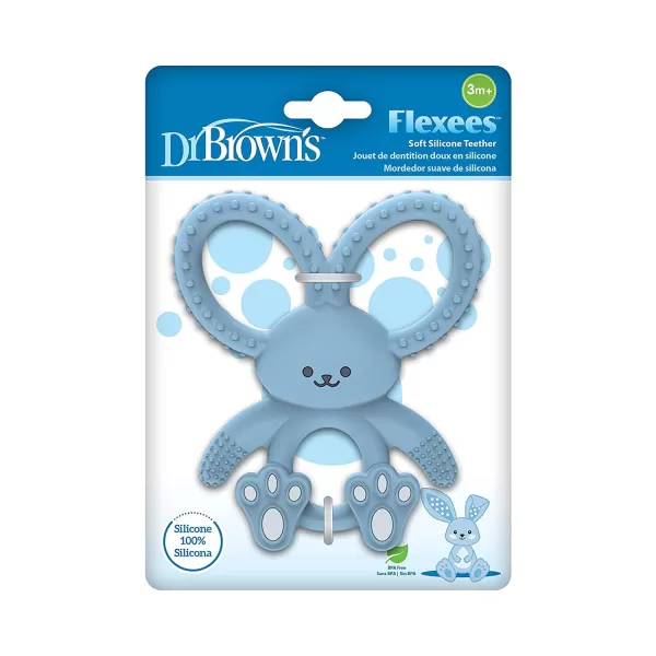 Dr. Brown’s Flexees Beaded Teether Rings and Bunny Teether, 100% Silicone, Soft &amp; Easy to Hold, Encourages Self-Soothe, 4-Pack, Blue, Light Blue, Black, BPA Free, 3m+