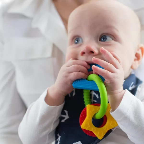 Dr. Brown’s Flexees Beaded Teether Rings and Bunny Teether, 100% Silicone, Soft &amp; Easy to Hold, Encourages Self-Soothe, 4-Pack, Blue, Light Blue, Black, BPA Free, 3m+