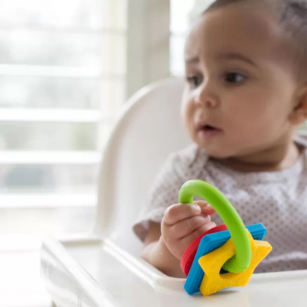 Dr. Brown’s Flexees Beaded Teether Rings and Bunny Teether, 100% Silicone, Soft &amp; Easy to Hold, Encourages Self-Soothe, 4-Pack, Blue, Light Blue, Black, BPA Free, 3m+