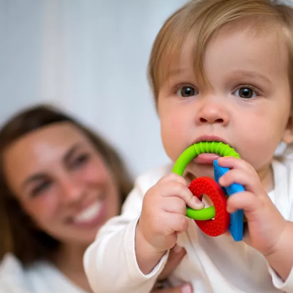 Dr. Brown’s Flexees Beaded Teether Rings and Bunny Teether, 100% Silicone, Soft &amp; Easy to Hold, Encourages Self-Soothe, 4-Pack, Blue, Light Blue, Black, BPA Free, 3m+