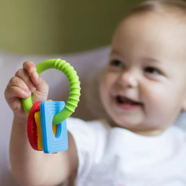 Dr. Brown’s Flexees Beaded Teether Rings and Bunny Teether, 100% Silicone, Soft &amp; Easy to Hold, Encourages Self-Soothe, 4-Pack, Blue, Light Blue, Black, BPA Free, 3m+