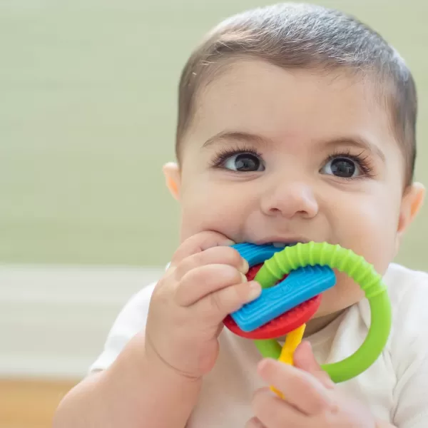 Dr. Brown’s Flexees Beaded Teether Rings and Bunny Teether, 100% Silicone, Soft &amp; Easy to Hold, Encourages Self-Soothe, 4-Pack, Blue, Light Blue, Black, BPA Free, 3m+