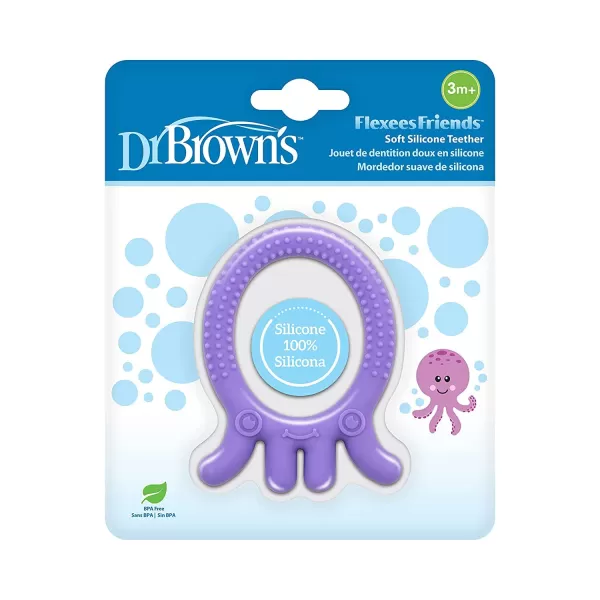 Dr. Brown's Flexees Friends Silicone Teether Purple Octopus Dr. Brown’s Flexees Beaded Teether Rings,100% Silicone,Soft &amp; Easy to Hold,Encourages Self-Soothe,3 Pack, Pink, White, BPA Free 3m+