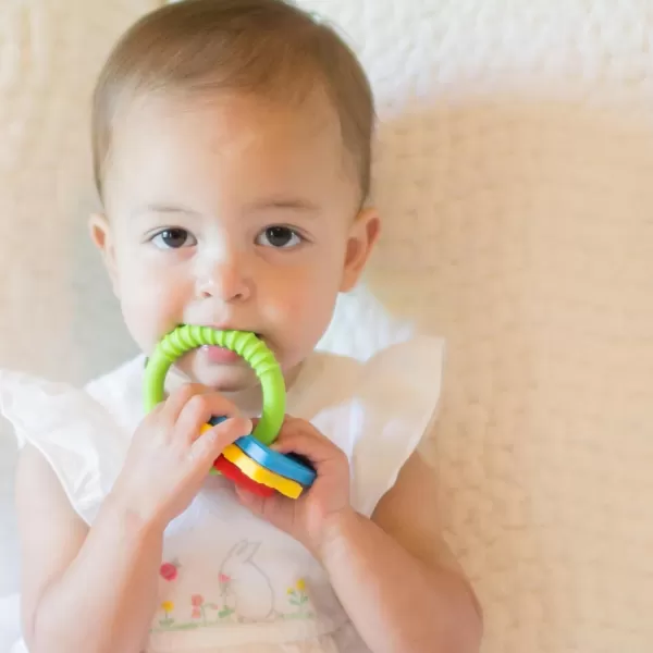 Dr. Brown's Flexees Friends Silicone Teether Purple Octopus Dr. Brown’s Flexees Beaded Teether Rings,100% Silicone,Soft &amp; Easy to Hold,Encourages Self-Soothe,3 Pack, Pink, White, BPA Free 3m+