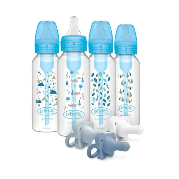 Dr. Brown’s Anti-Colic Options+ Baby Bottles, Narrow, Blue Nature Designs, 8oz, 4 Pack and HappyPaci 100% Silicone Pacifier 0-6m, BPA Free, White, Blue, Light Blue 3-Pack