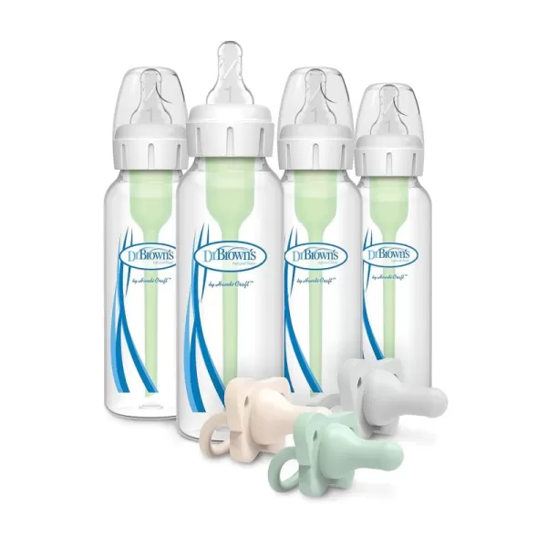 Dr. Brown’s Anti-Colic Options+ Baby Bottles, Narrow, Blue Nature Designs, 8oz, 4 Pack and HappyPaci 100% Silicone Pacifier 0-6m, BPA Free, White, Blue, Light Blue 3-Pack