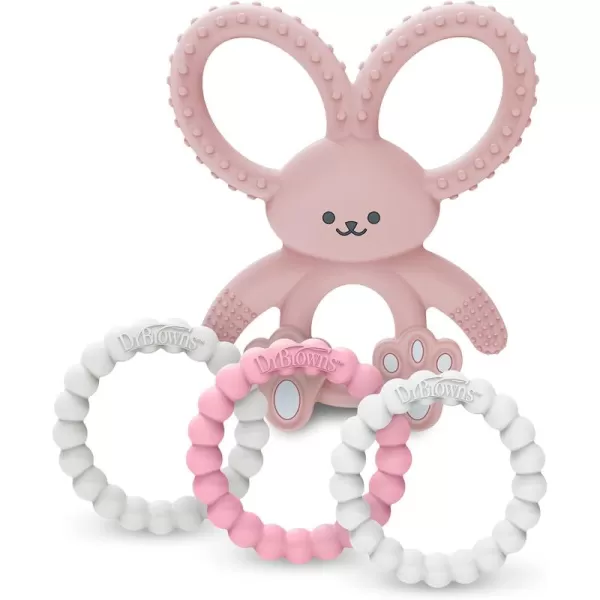 Dr. Brown’s Flexees Beaded Teether Rings and Bunny, 100% Silicone, Soft &amp; Easy to Hold, Encourages Self-Soothe, 4-Pack, Pink, White, Gray, BPA Free, 3m+