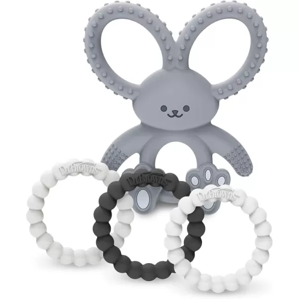 Dr. Brown’s Flexees Beaded Teether Rings and Bunny, 100% Silicone, Soft &amp; Easy to Hold, Encourages Self-Soothe, 4-Pack, Pink, White, Gray, BPA Free, 3m+