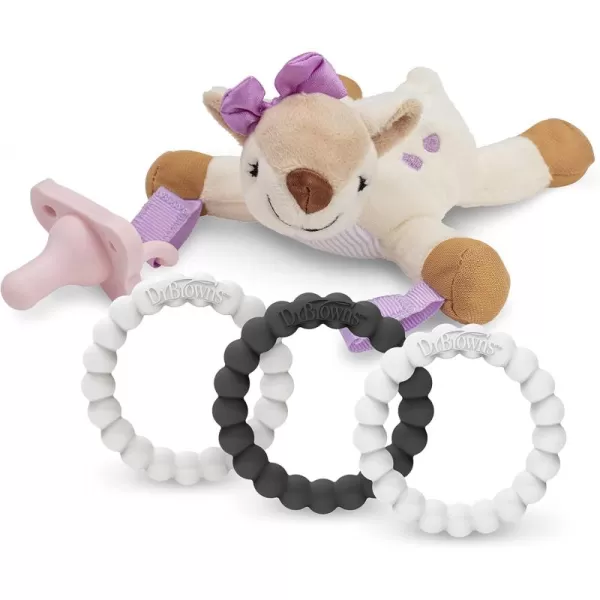 Dr. Brown’s Flexees Beaded Teether Rings and Bunny, 100% Silicone, Soft &amp; Easy to Hold, Encourages Self-Soothe, 4-Pack, Pink, White, Gray, BPA Free, 3m+