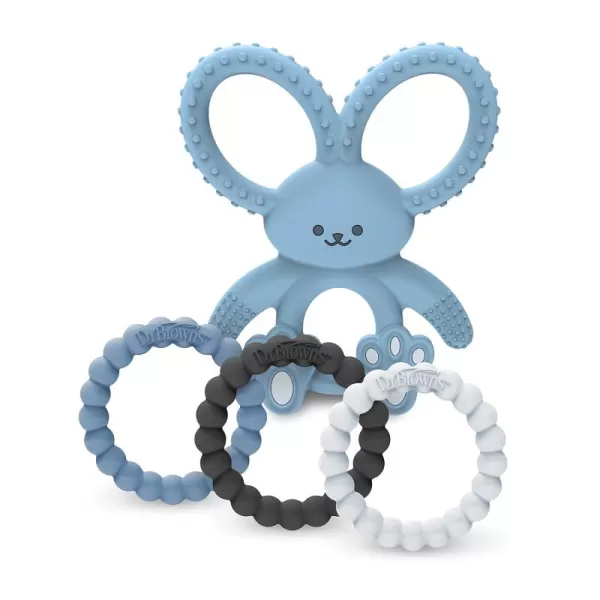 Dr. Brown’s Flexees Beaded Teether Rings and Bunny Teether, 100% Silicone, Soft &amp; Easy to Hold, Encourages Self-Soothe, 4-Pack, Blue, Light Blue, Black, BPA Free, 3m+