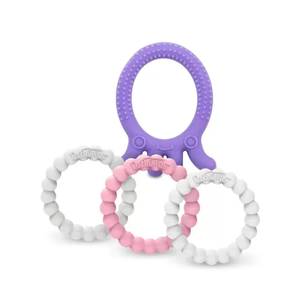 Dr. Brown's Flexees Friends Silicone Teether Purple Octopus Dr. Brown’s Flexees Beaded Teether Rings,100% Silicone,Soft &amp; Easy to Hold,Encourages Self-Soothe,3 Pack, Pink, White, BPA Free 3m+