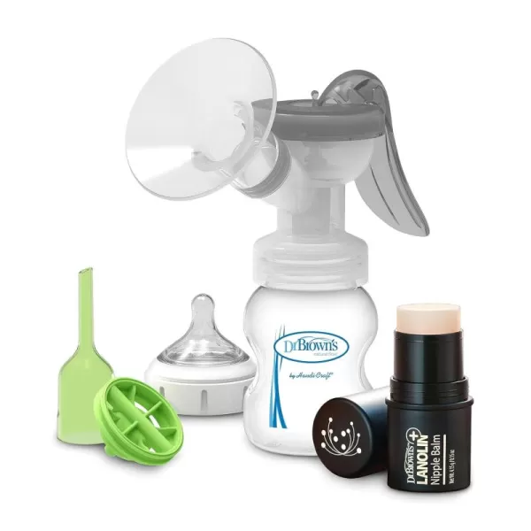 Dr. Brown’s Lanolin + Nipple Balm with Manual Breast Pump with SoftShape Silicone Shields and Anti-Colic Baby Bottle