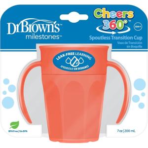 imageDr Browns Milestones Cheers 360 Cup Spoutless Transition Cup with Handles for Easy Grip ampamp LeakFree Learning Pink 7oz200mL 6m Colors May Vary1 Pack  7 oz  Coral with Handles