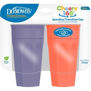 imageDr Browns Milestones Cheers 360 Cup Spoutless Transition Cup with Handles for Easy Grip ampamp LeakFree Learning Pink 7oz200mL 6m Colors May Vary2 Pack  10 oz  Coral  Purple