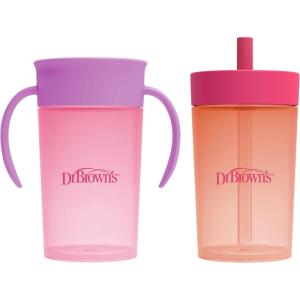 imageDr Browns Milestones Straw to 360 Cup Set Convertible Toddler Training Cup Set with Interchangeable Silicone Straw and 360 Degree Cup Lids Blue Green 10 oz300 mL BPA Free 9m 2 PackCoral Pink
