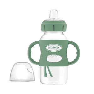 imageDr Browns Milestones WideNeck Sippy Spout Bottle with 100 Silicone Handles EasyGrip Handles with Soft Sippy Spout 9oz270mL Green ampamp Gray 2Pack 6m1 Pack  Green