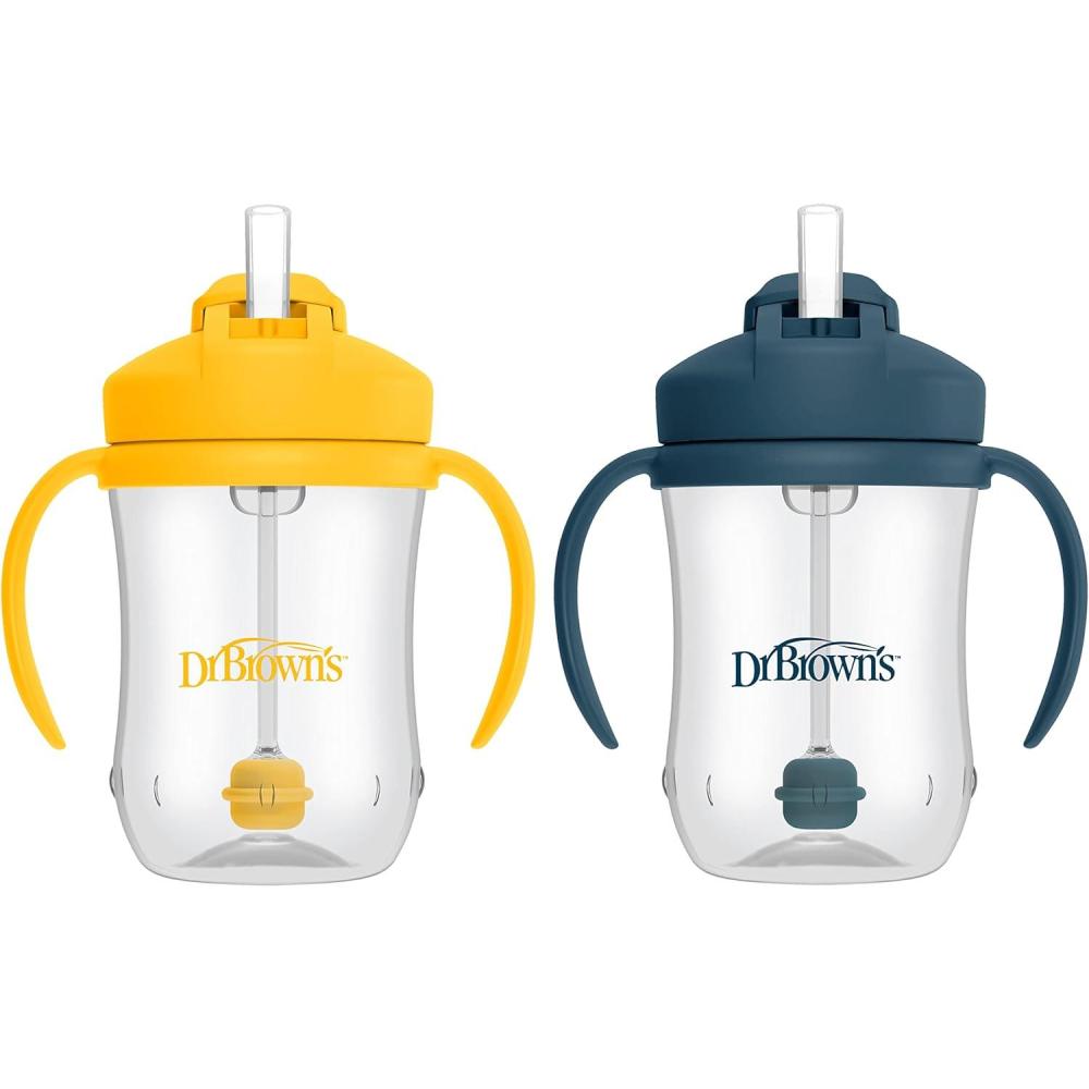 imageDr Browns Milestones Babys First Straw Cup Training Cup with Weighted Straw 9oz270mL Coral BPA Free 6mDark Blue  Vintage Yellow